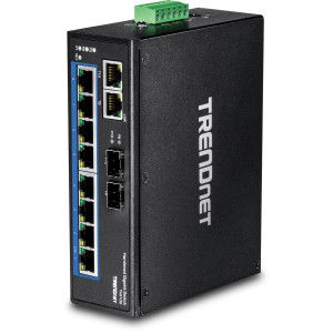TRENDnet TI-G102 10-Port Ethernet Switch, 8 Gigabit ethernet ports, 2 shared Gigabit SFP slots, 20 Gbps switching capacity, DIN-rail/wall mount
